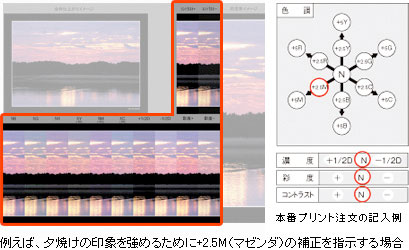 [図]例えば、夕焼けの印象を強めるために+2.5M（マゼンタ）の補正を指示する場合