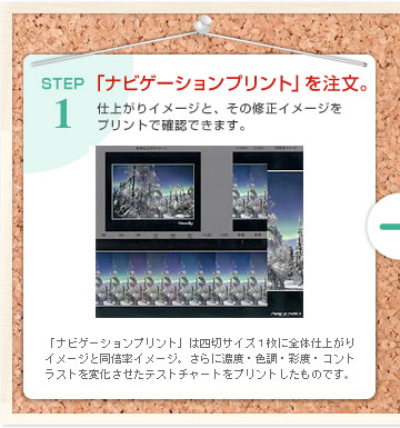 STEP1 ナビゲーションプリント」を注文。 仕上がりイメージと、その修正イメージをプリントで確認できます。「ナビゲーションプリント」は四切サイズ1枚に全体仕上がりイメージと同倍率イメージ。さらに濃度・色調・彩度・コントラストを変化させたテストチャートをプリントしたものです。